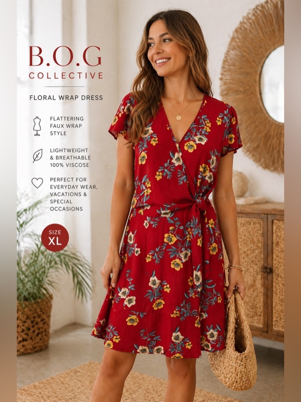 B.O.G Collective Red Floral Wrap Dress XL Boho V-Neck Tie Waist